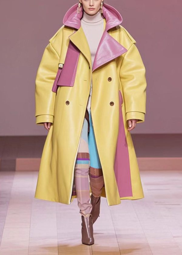 Bohemian Yellow Hooded Patchwork Faux Leather Trenchs Fall For Sale