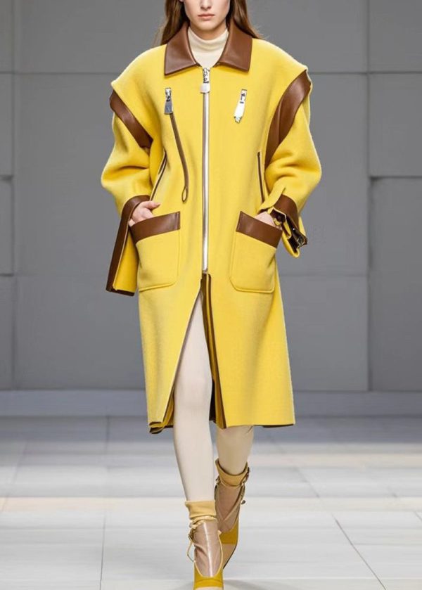 Beautiful Yellow Zip Up Patchwork Pockets Woolen Coats Fall Online now - Image 5