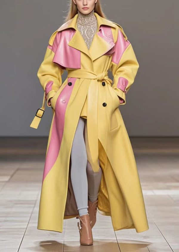 Italian Yellow Tie Waist Patchwork Faux Leather Coat Outwear Fall Hot on Sale - Image 5