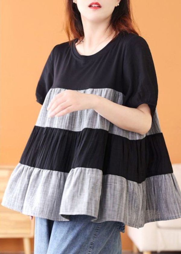 Handmade Black O-Neck Wrinkled Patchwork Top Short Sleeve Fashion - Image 2