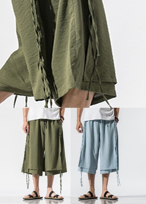 Beach Army Green Pockets Tie Waist Mens Wide Leg Pants Online Sale - Image 5