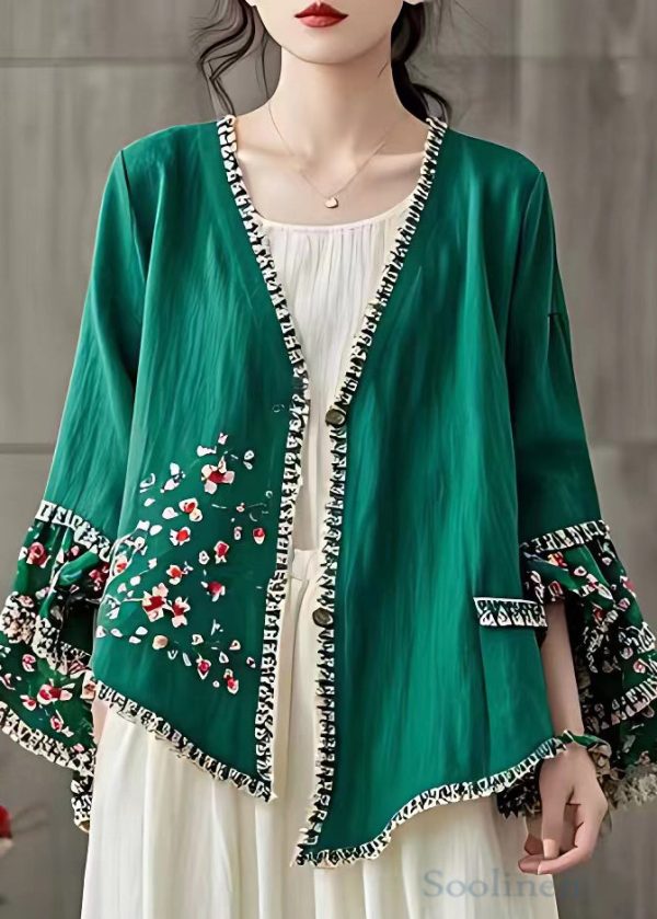 Art Green V Neck Print Button Cotton Coat Long Sleeve For Discount