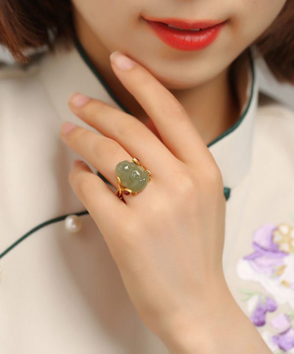 Classy Green Sterling Silver Overgild Jade A Mythical Wild Animal Rings Supply - Image 2